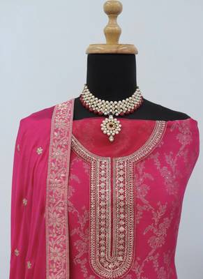 Pink pure viscose jaquard semi stitched salwar suit 3