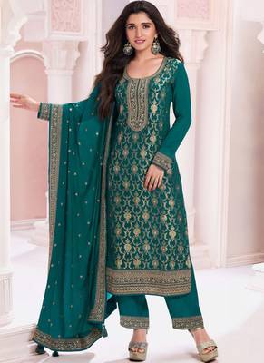 Green viscose jaquard semi stitched salwar suit 1