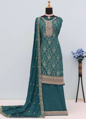 Green viscose jaquard semi stitched salwar suit 2