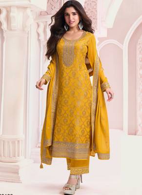 Yellow pure viscose jaquard semi stitched salwar suit 1