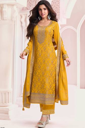 Yellow pure viscose jaquard semi stitched salwar suit