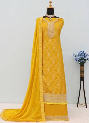 Yellow pure viscose jaquard semi stitched salwar suit 2