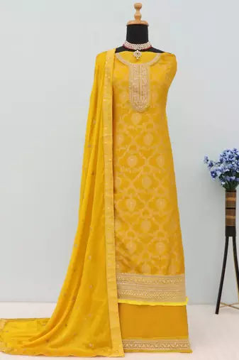 Yellow pure viscose jaquard semi stitched salwar suit