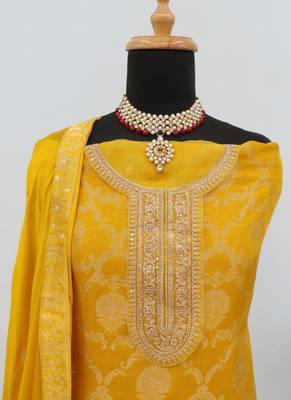 Yellow pure viscose jaquard semi stitched salwar suit 3