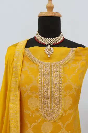 Yellow pure viscose jaquard semi stitched salwar suit