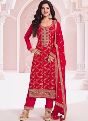 Red pure viscose jaquard semi stitched salwar suit 1