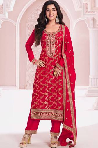 Red pure viscose jaquard semi stitched salwar suit