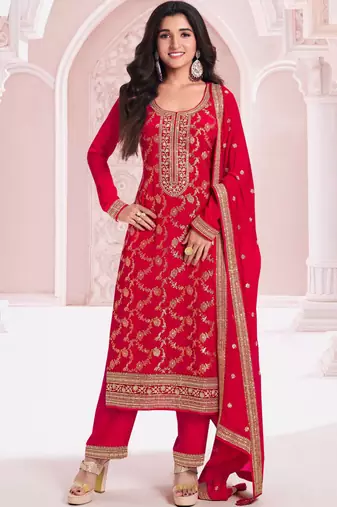 Red pure viscose jaquard semi stitched salwar suit