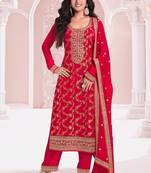 Red pure viscose jaquard semi stitched salwar suit