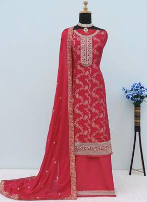 Red pure viscose jaquard semi stitched salwar suit 2