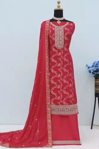 Red pure viscose jaquard semi stitched salwar suit