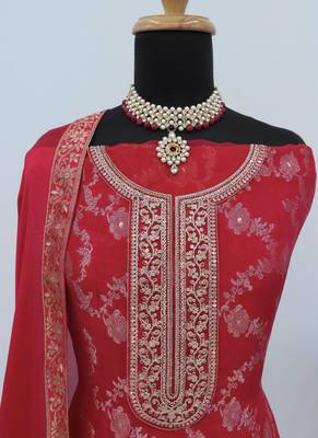 Red pure viscose jaquard semi stitched salwar suit 3