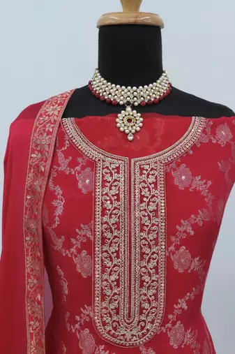 Red pure viscose jaquard semi stitched salwar suit