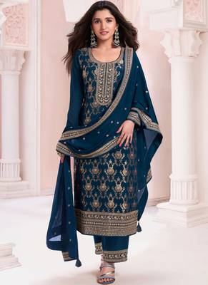 Teal pure viscose jaquard semi stitched salwar suit 1