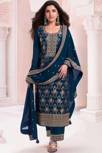 Teal pure viscose jaquard semi stitched salwar suit