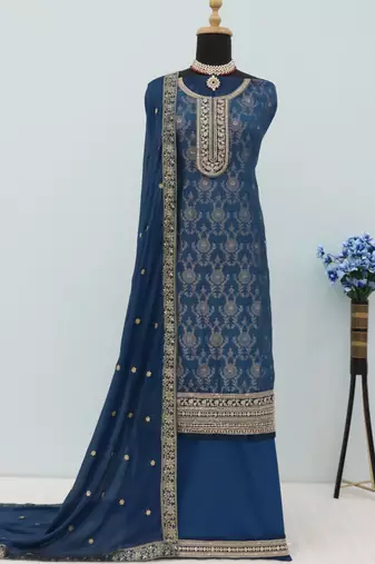 Teal pure viscose jaquard semi stitched salwar suit