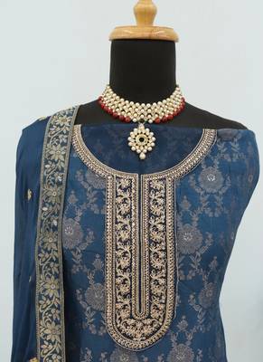 Teal pure viscose jaquard semi stitched salwar suit 3