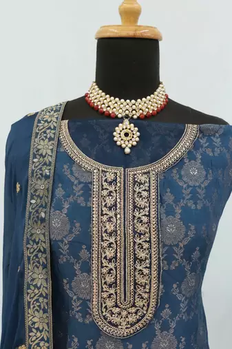 Teal pure viscose jaquard semi stitched salwar suit