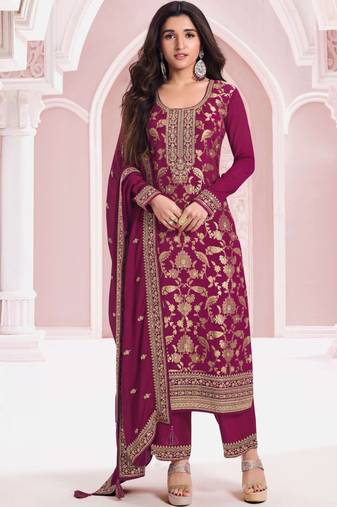 Rani pink pure viscose jaquard semi stitched salwar suit