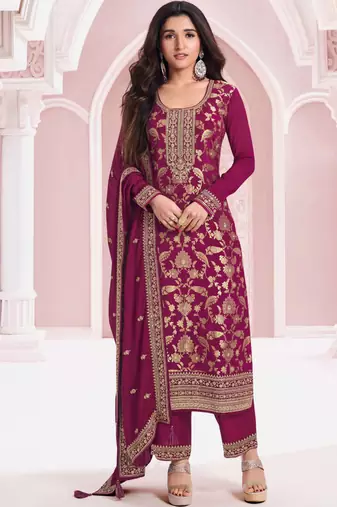 Rani pink pure viscose jaquard semi stitched salwar suit