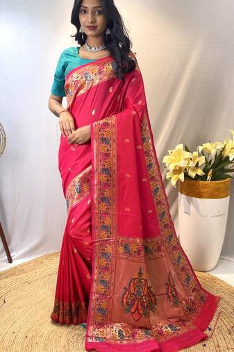Pink Paithani Silk Saree And Rich Pallu Saree With Blouse For Women