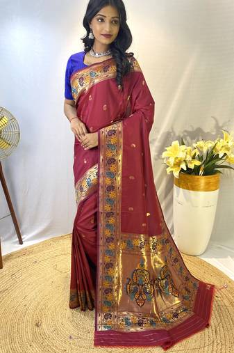 Wine Paithani Silk Saree And Rich Pallu Saree With Blouse For Women