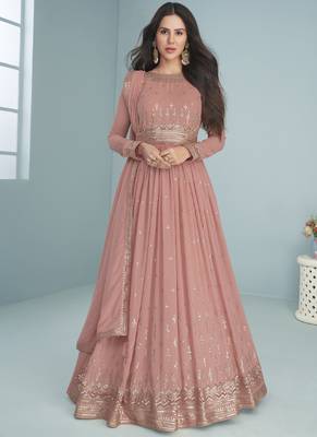 Peach faux georgette embroidered anarkali suit 1