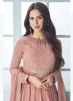 Peach faux georgette embroidered anarkali suit 2