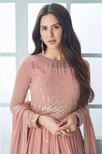 Peach faux georgette embroidered anarkali suit