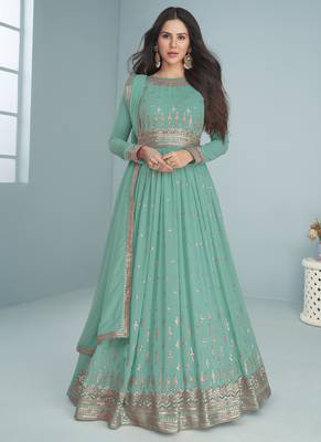 Bottel green faux georgette embroidered anarkali suit 1
