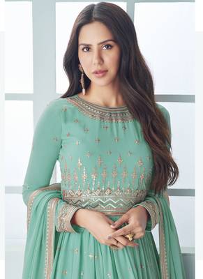 Bottel green faux georgette embroidered anarkali suit 2