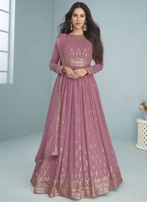 Onion pink faux georgette embroidered anarkali suit 1