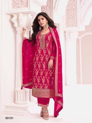 Rani pink jacquard semi stitched ceremonial suits 1