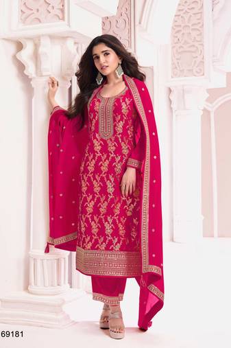 Rani pink jacquard semi stitched ceremonial suits