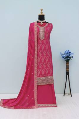 Rani pink jacquard semi stitched ceremonial suits 2