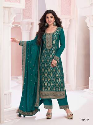 Teal jacquard semi stitched ceremonial suits 1