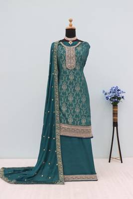 Teal jacquard semi stitched ceremonial suits 2