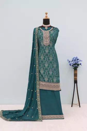 Teal jacquard semi stitched ceremonial suits