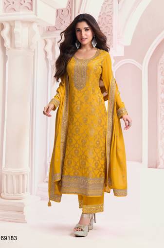 Yellow jacquard semi stitched ceremonial suits