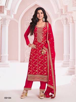 Red jacquard semi stitched ceremonial suits 1