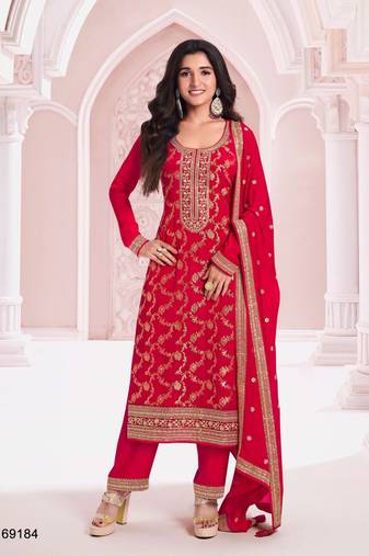 Red jacquard semi stitched ceremonial suits
