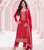 Red jacquard semi stitched ceremonial suits