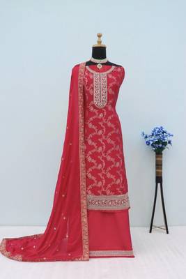 Red jacquard semi stitched ceremonial suits 2