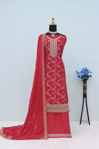 Red jacquard semi stitched ceremonial suits