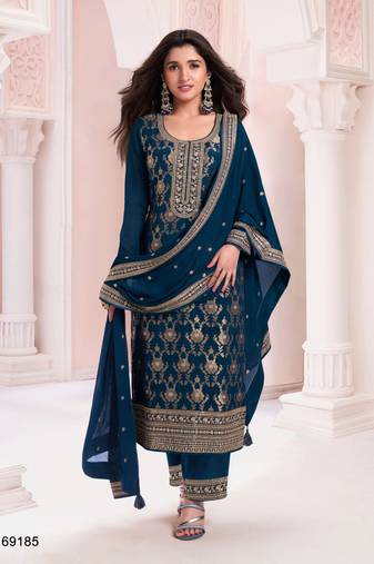 Navy blue jacquard semi stitched ceremonial suits