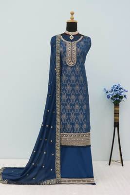 Navy blue jacquard semi stitched ceremonial suits 2