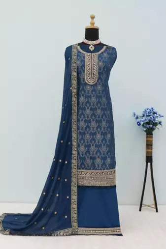 Navy blue jacquard semi stitched ceremonial suits
