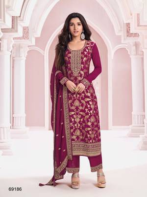 Magenta jacquard semi stitched ceremonial suits 1