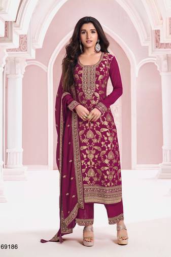 Magenta jacquard semi stitched ceremonial suits