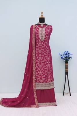 Magenta jacquard semi stitched ceremonial suits 2